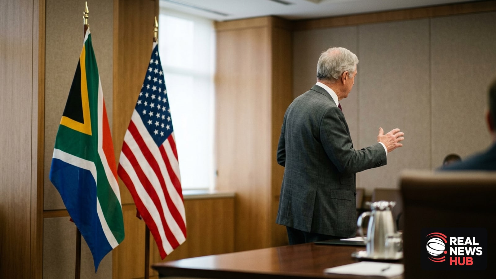 South African and American flags stand together in a formal government office, symbolizing diplomatic relations between the two countries.