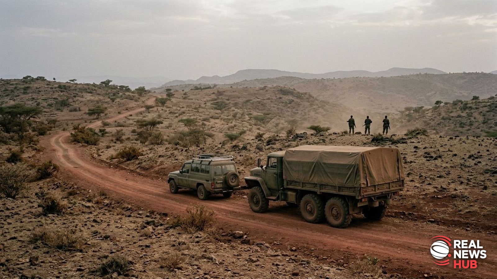 A military vehicle parked on a dusty road in a rugged, arid mountainous landscape in the Horn of Africa under an overcast sky.