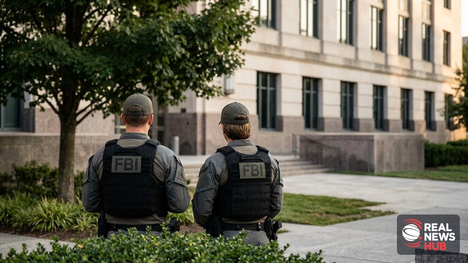 Two anonymous law enforcement agents in tactical vests marked FBI stand outside a government building, seen from behind.
