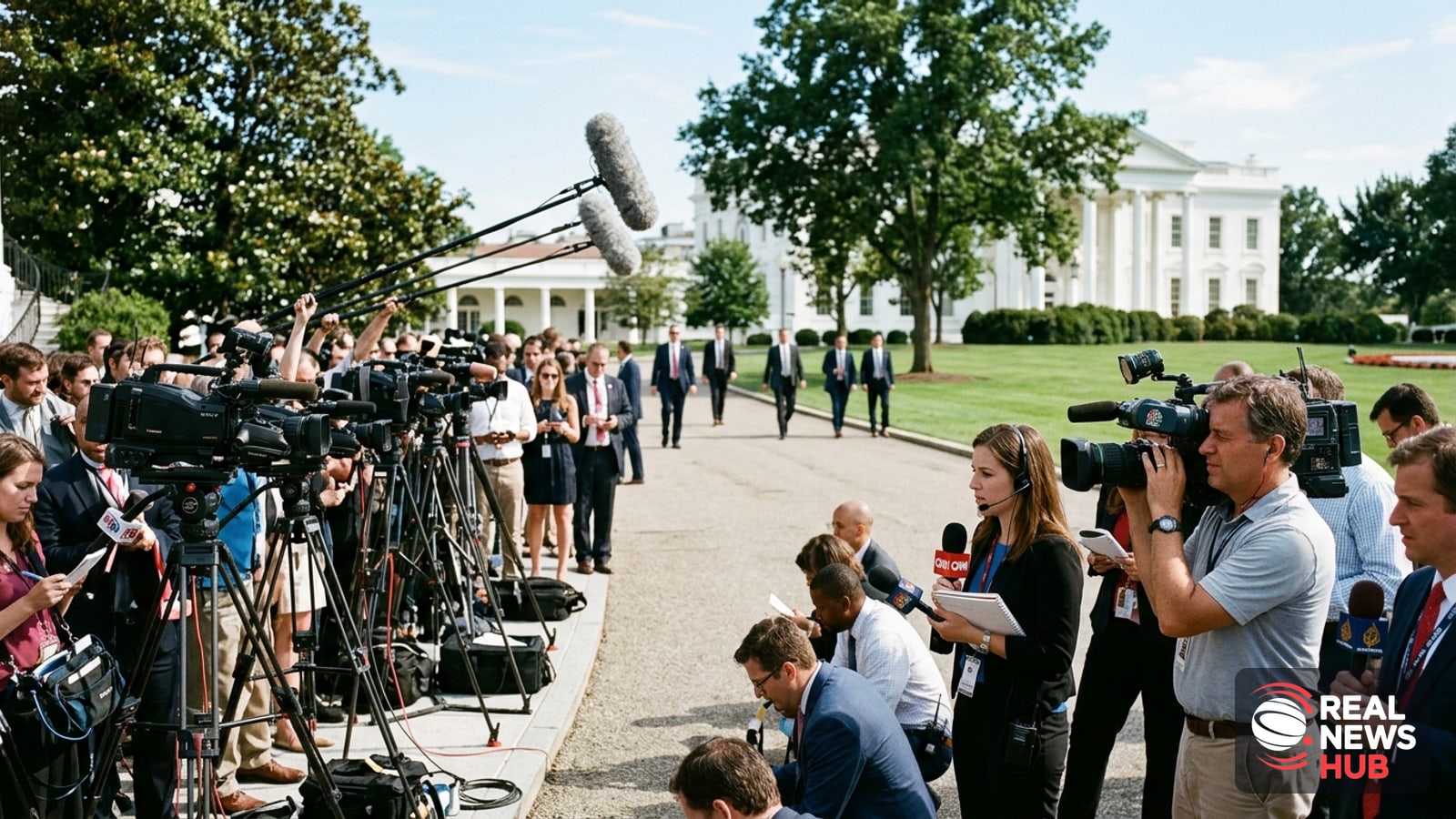 Press pool cameras and microphones set up on the White House lawn during a media stakeout.