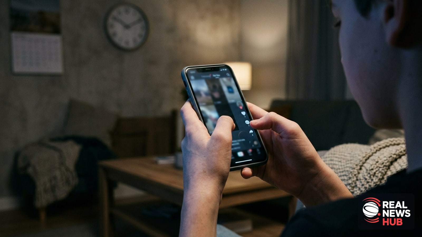 Close-up of a teenager's hands holding a smartphone with a glowing video app screen in a dim room at night.