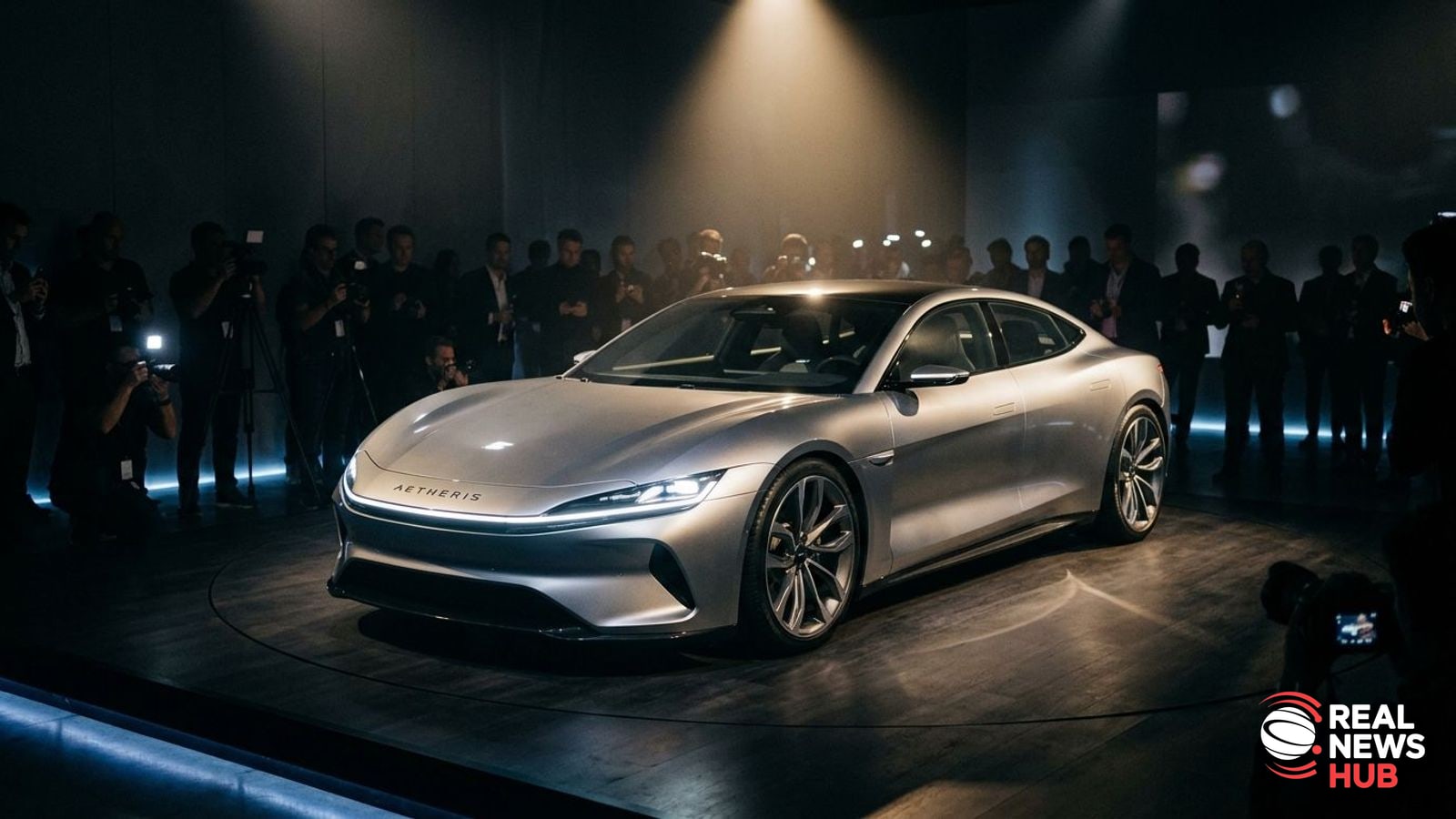 A sleek, modern electric luxury concept car on display at an indoor automotive launch event under dramatic studio lighting.