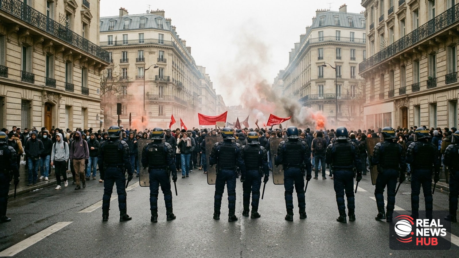 Riot police face a crowd of student protesters on an urban street in France during daylight.