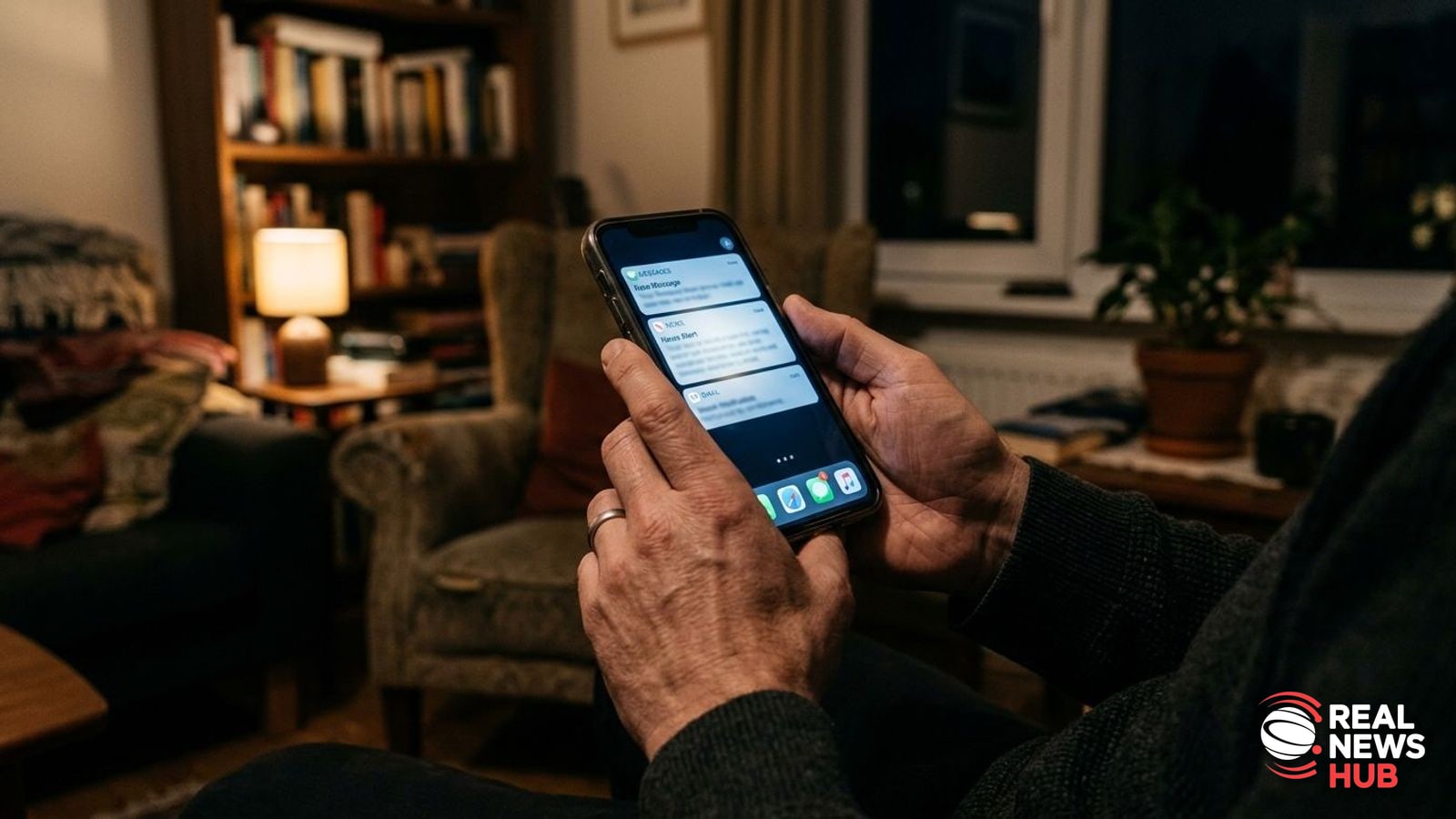 A person holds a glowing smartphone showing generic push notifications in a dimly lit modern room.