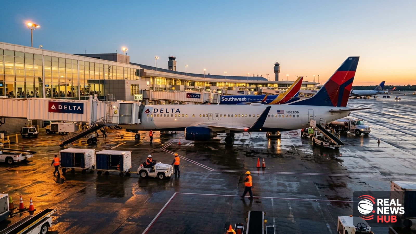 Commercial airliner parked at an airport terminal gate at dusk with ground crew nearby.