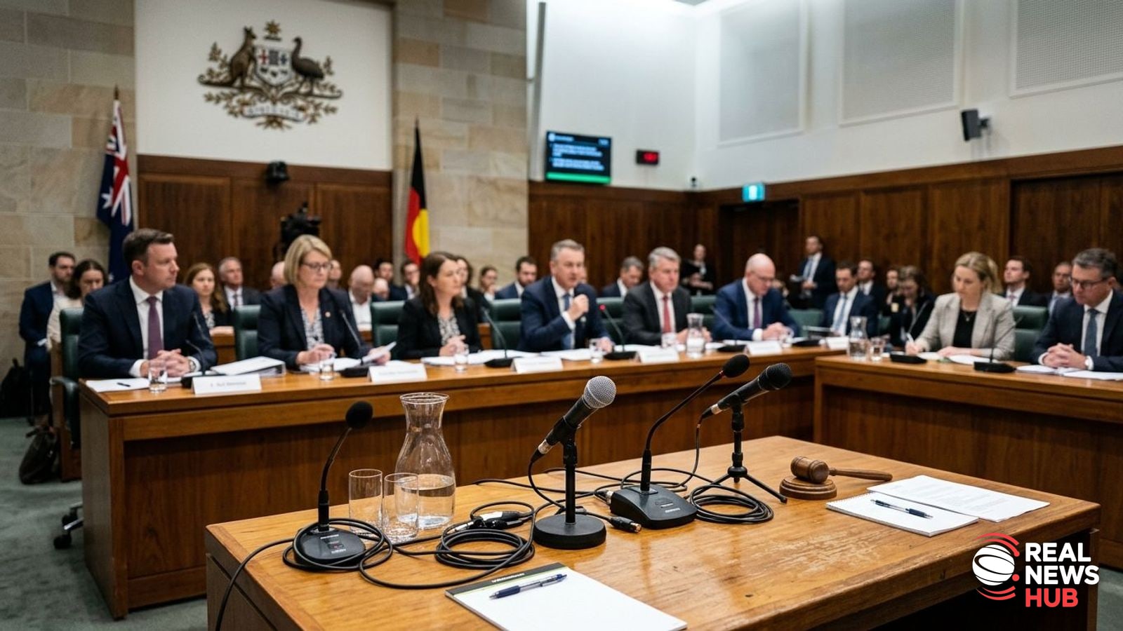 A parliamentary committee hearing room in Australia with empty witness microphones and blurred committee members in the background.