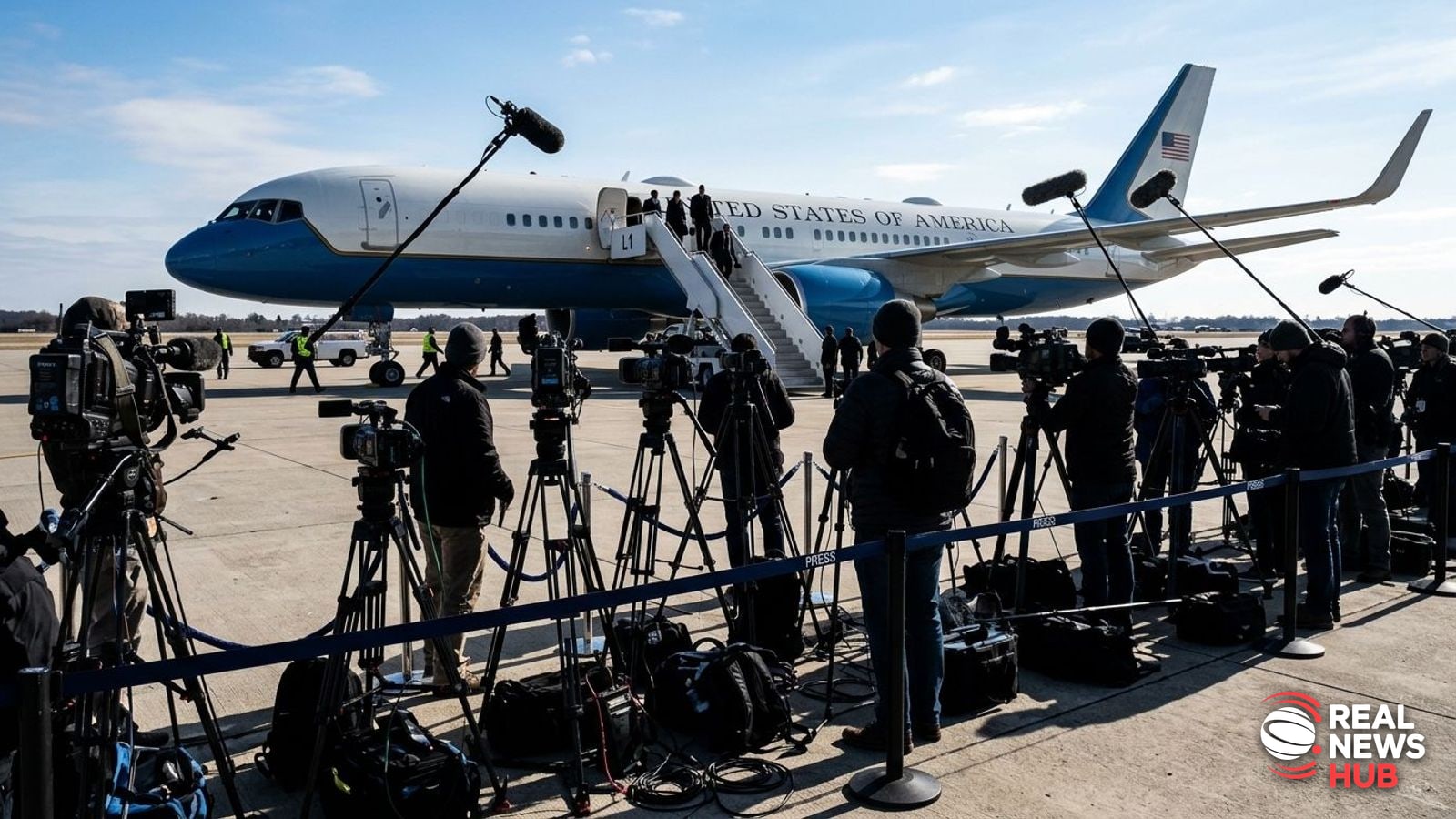 News media cameras on tripods arranged along a military airfield tarmac with an airplane wing visible under a clear blue sky.
