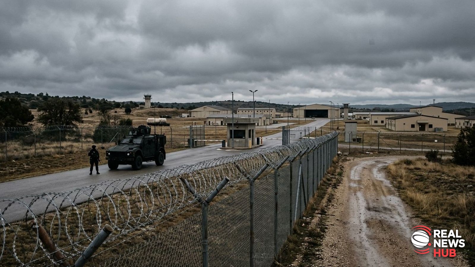 Exterior view of a secure military installation gate under overcast skies with barbed wire and generic military vehicles.