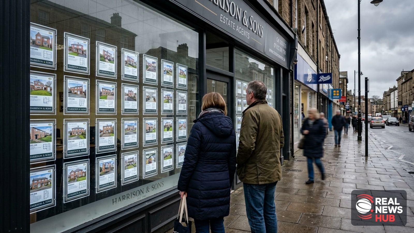 Pedestrians seen from behind looking at house listings displayed in the window of an estate agency on a UK high street.