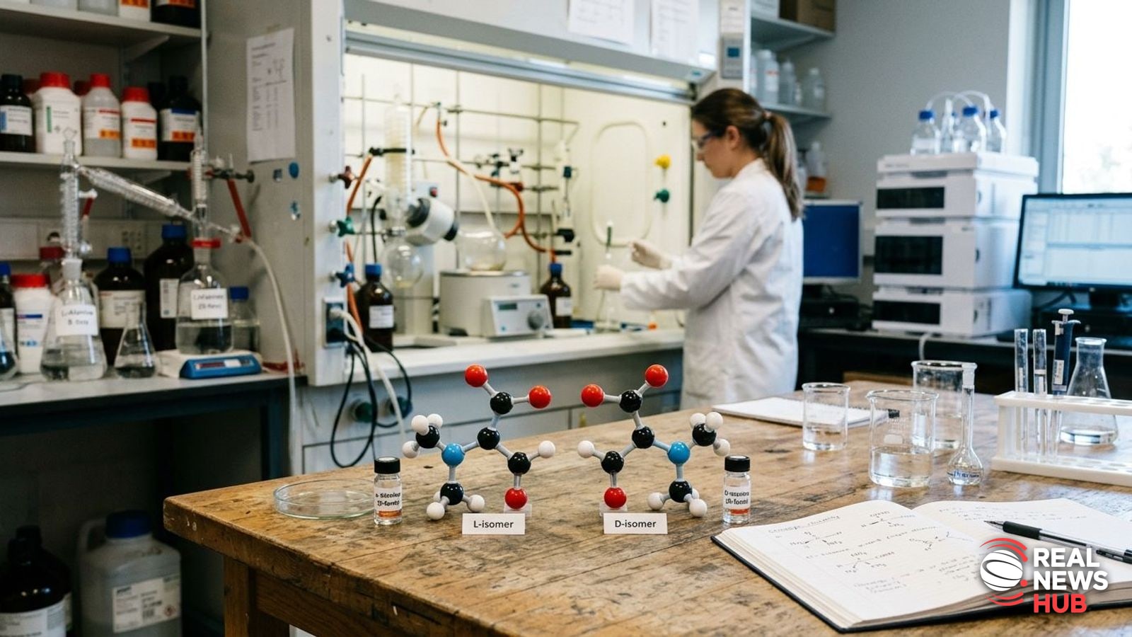 Close-up of laboratory glassware and molecular chirality models on a scientific workbench in soft lighting.