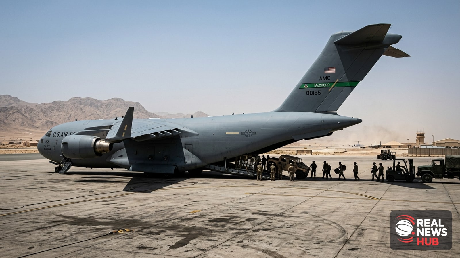 A military transport plane on a sunlit desert runway during troop withdrawal operations.