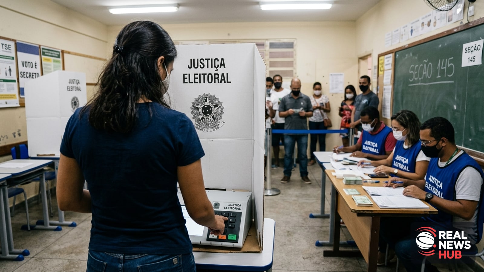 An anonymous voter casts a ballot at an electronic voting machine in a Brazilian polling station during the presidential election.