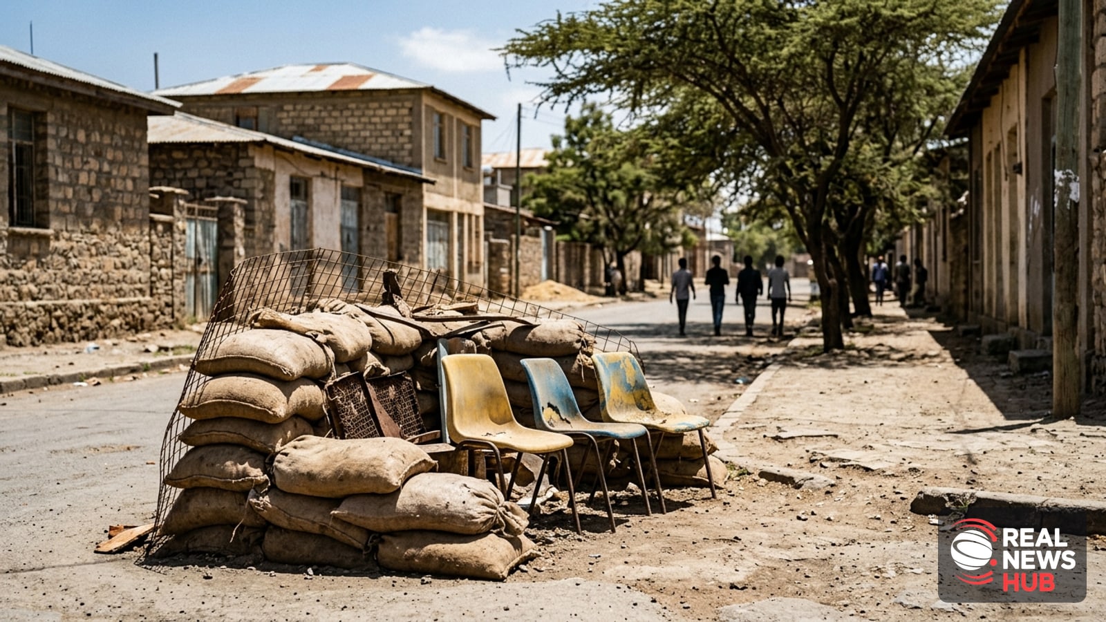 Empty street in Mekelle with an abandoned military checkpoint and sandbags under harsh sunlight.