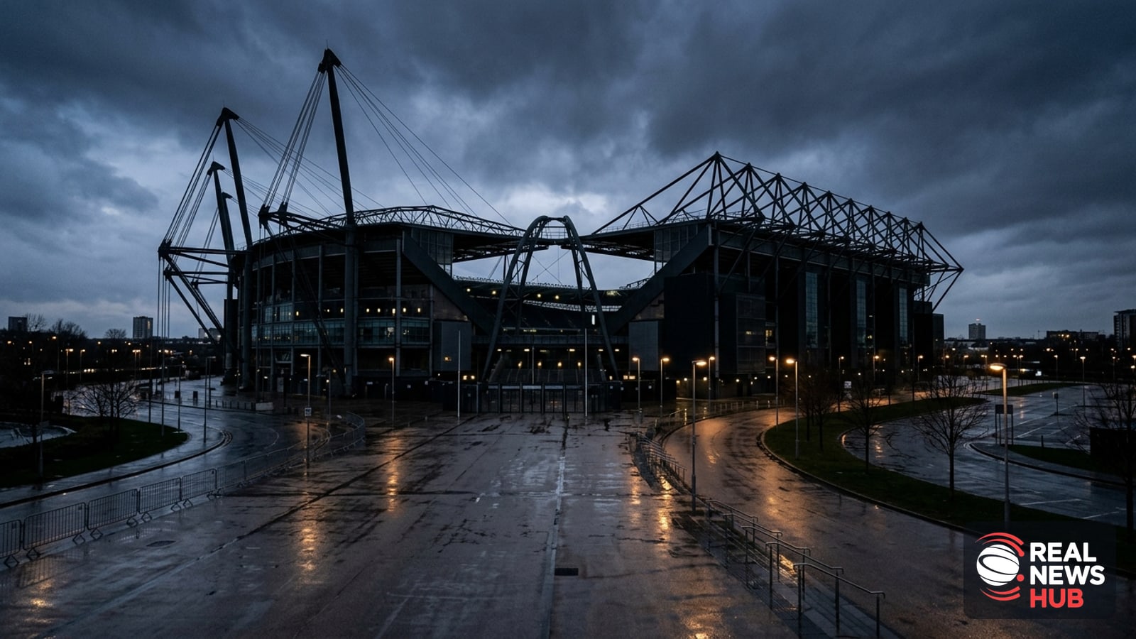 Exterior view of an imposing modern football stadium at dusk under a dramatic, moody sky.