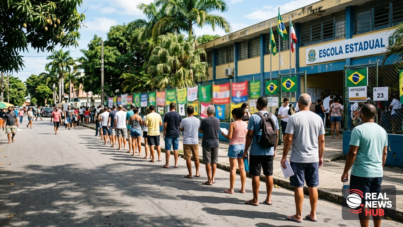 Brazilian voters line up outside an official polling station on a sunny day.
