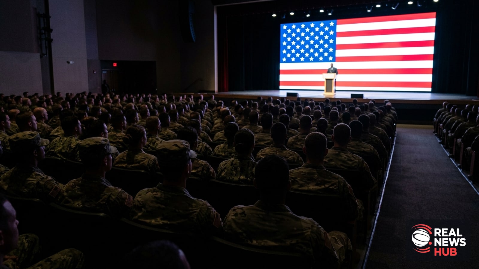 Silhouetted audience in military uniforms listens to a distant speaker on stage against an American flag backdrop.