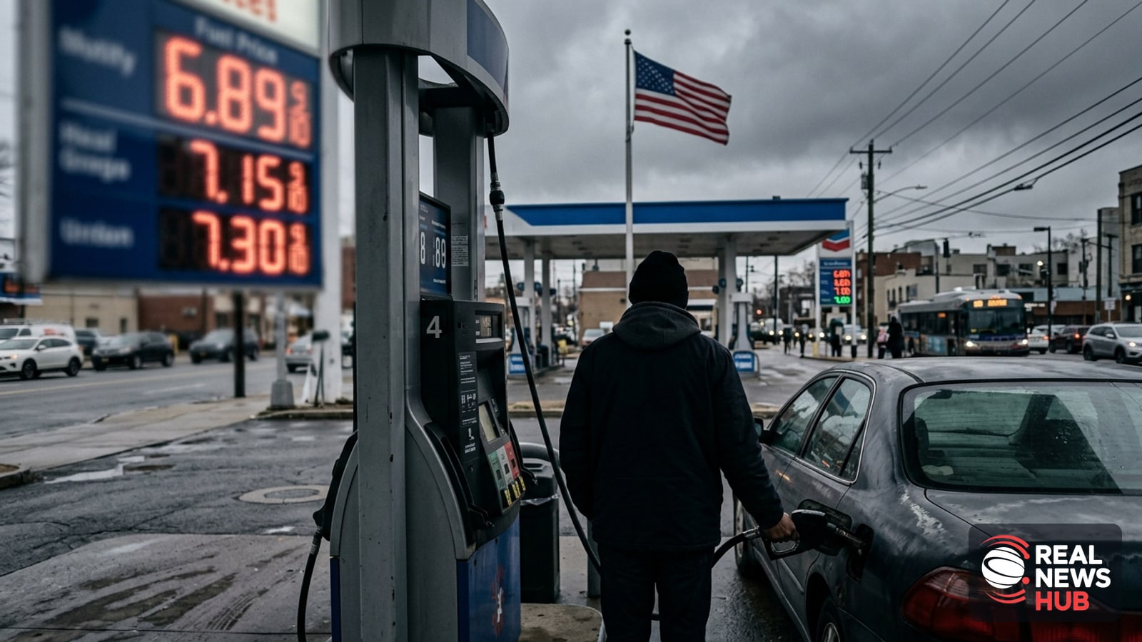 A person fills up their car at a gas station with high fuel prices displayed, American flag in the background, overcast sky.