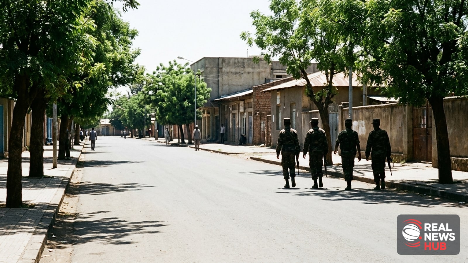 Security forces patrolling a tree-lined street in an East African town under bright daylight.