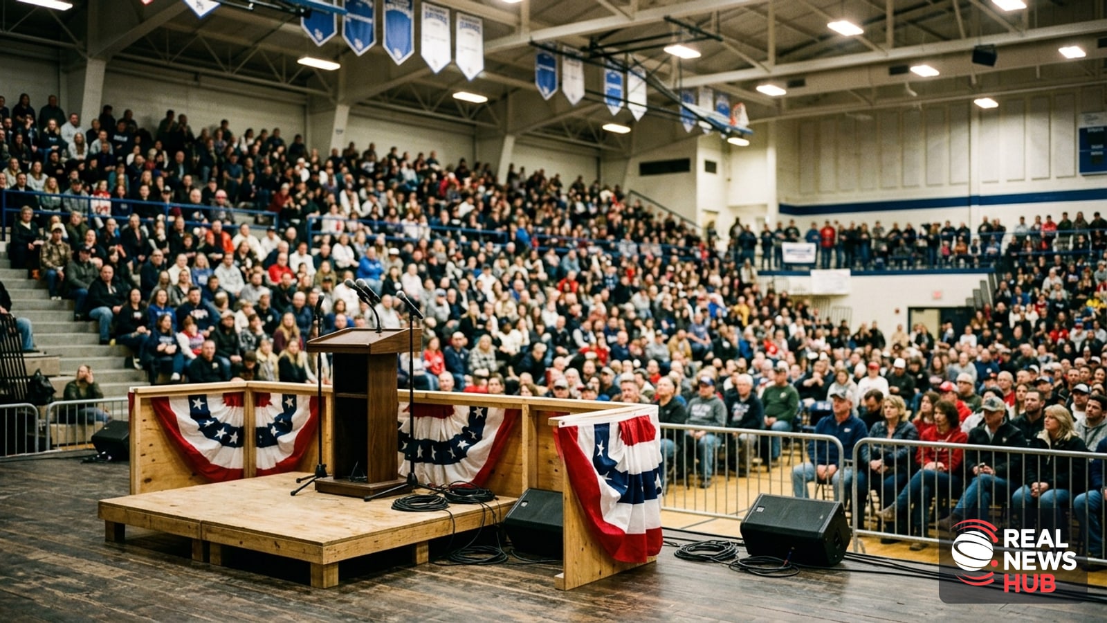 An empty indoor arena stage with microphones, flags, and blurry spectators in the stands before a political rally.