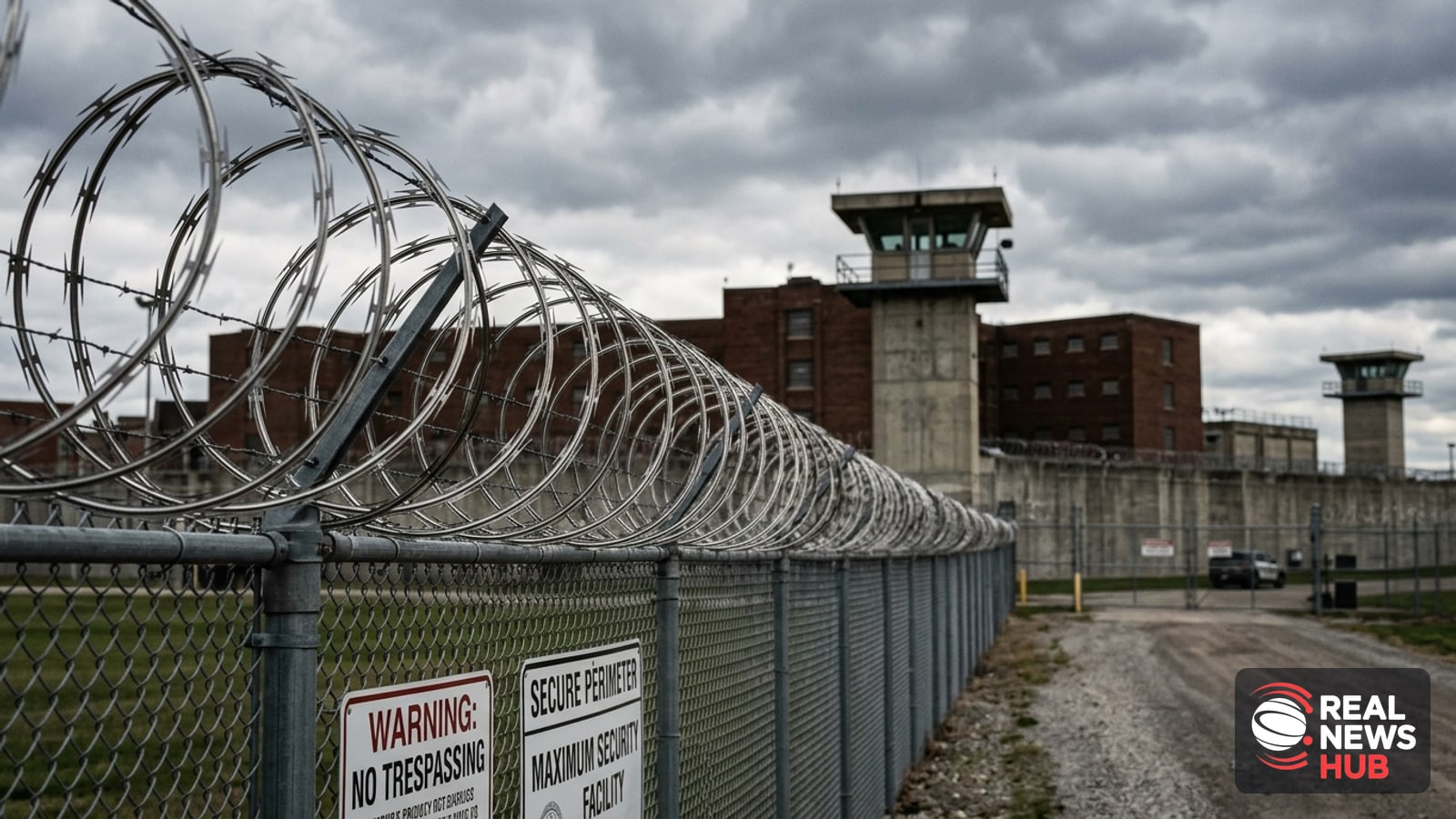 Exterior view of a maximum-security prison perimeter fence with razor wire under an overcast sky.