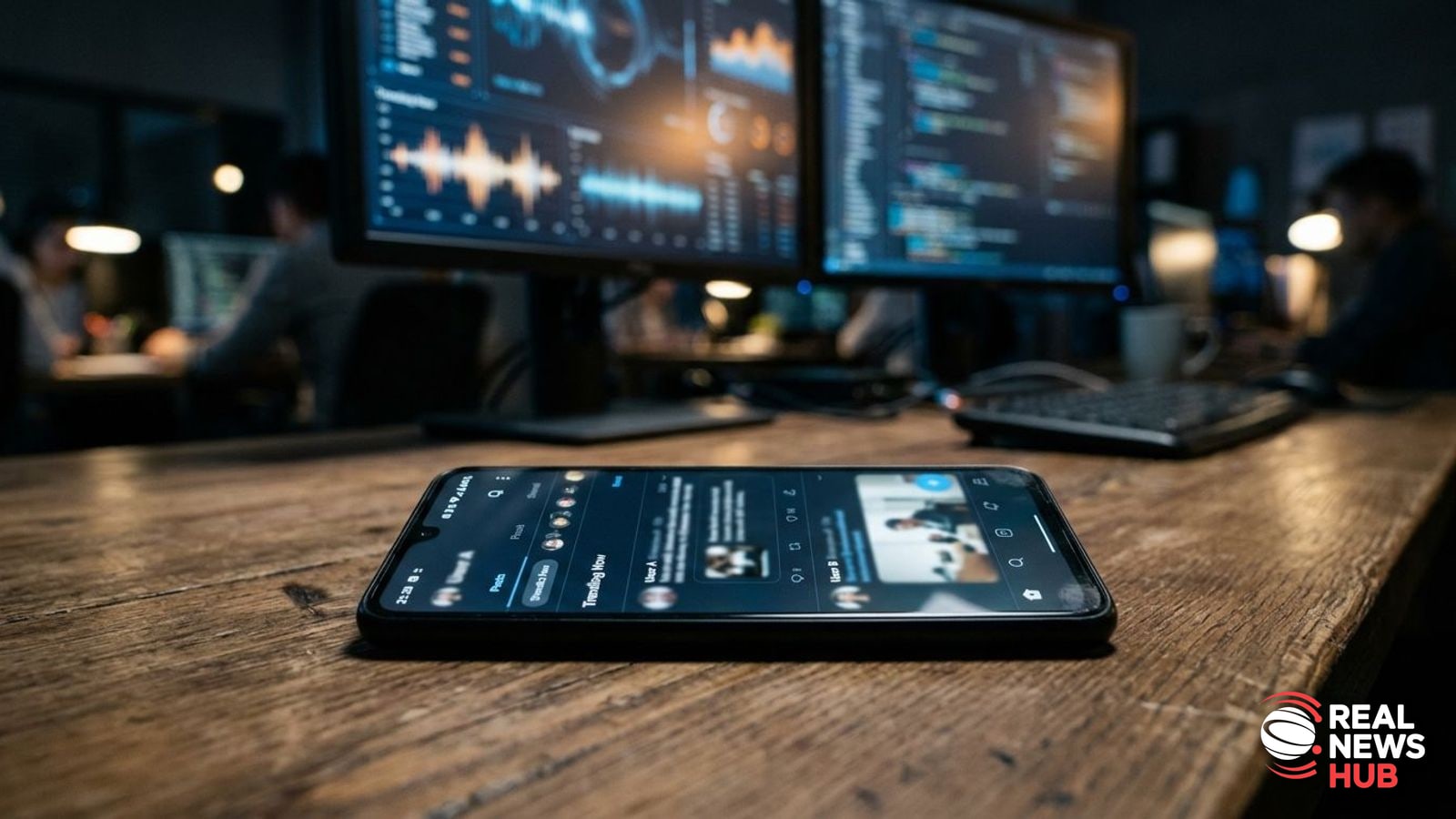 A smartphone resting on an office desk displaying generic social media app feeds and blurred notification icons under soft light.