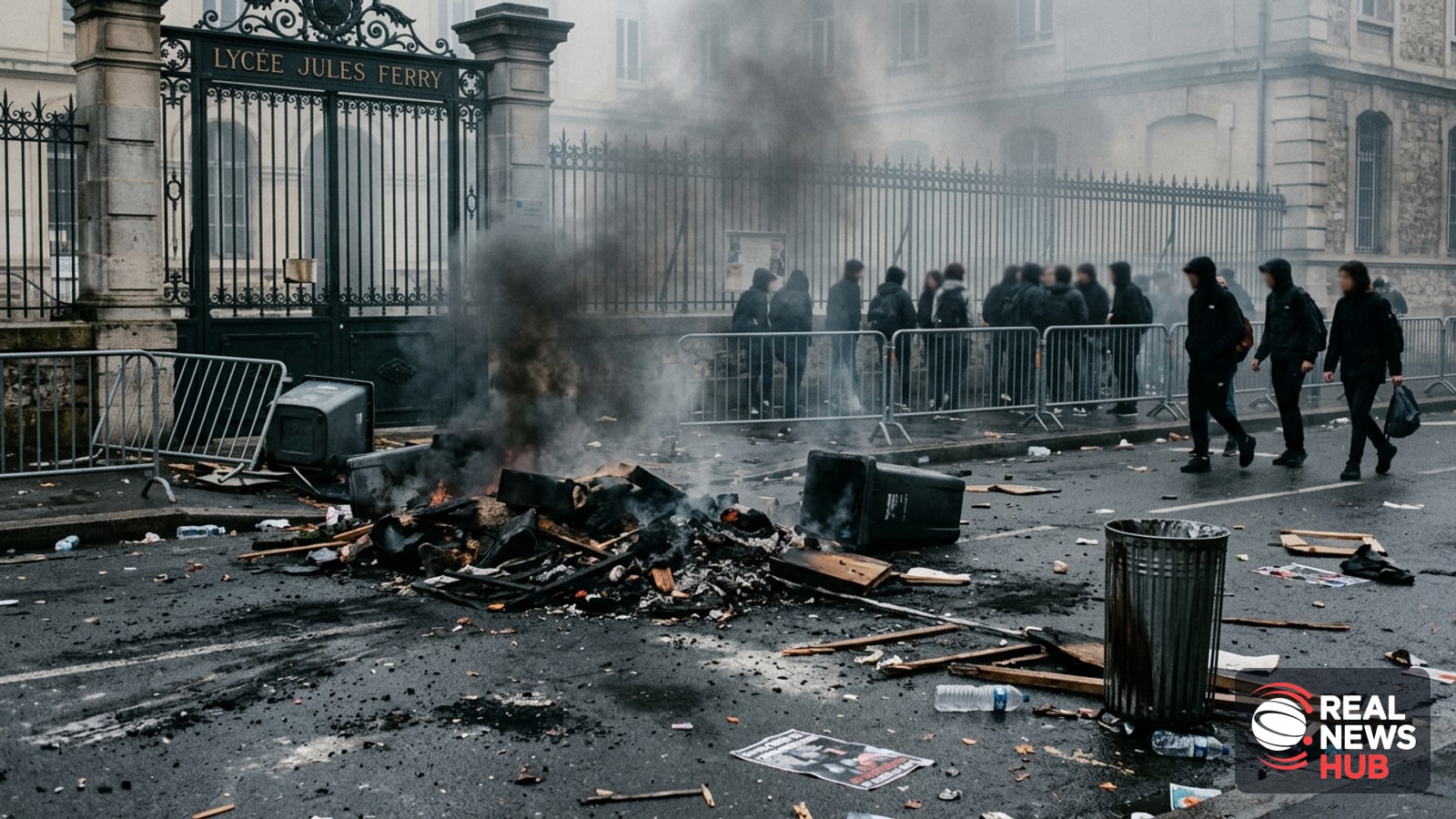 A smouldering street barricade of overturned trash bins outside a French high school gate under an overcast sky.