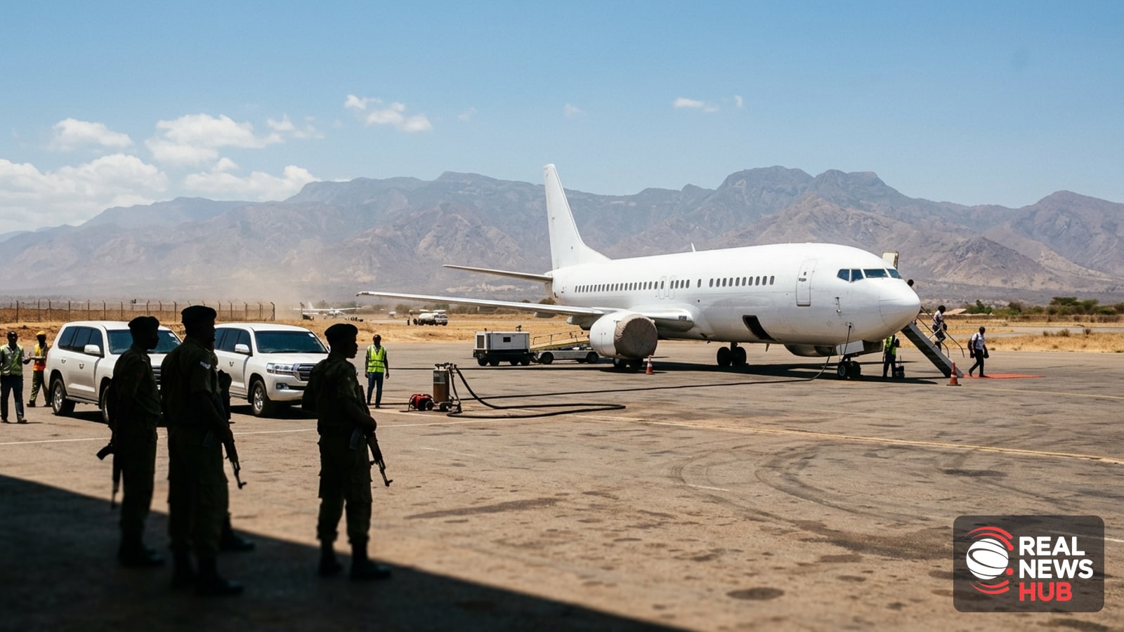 An unmarked passenger plane sits on an airport tarmac with security vehicles parked nearby under bright daylight.
