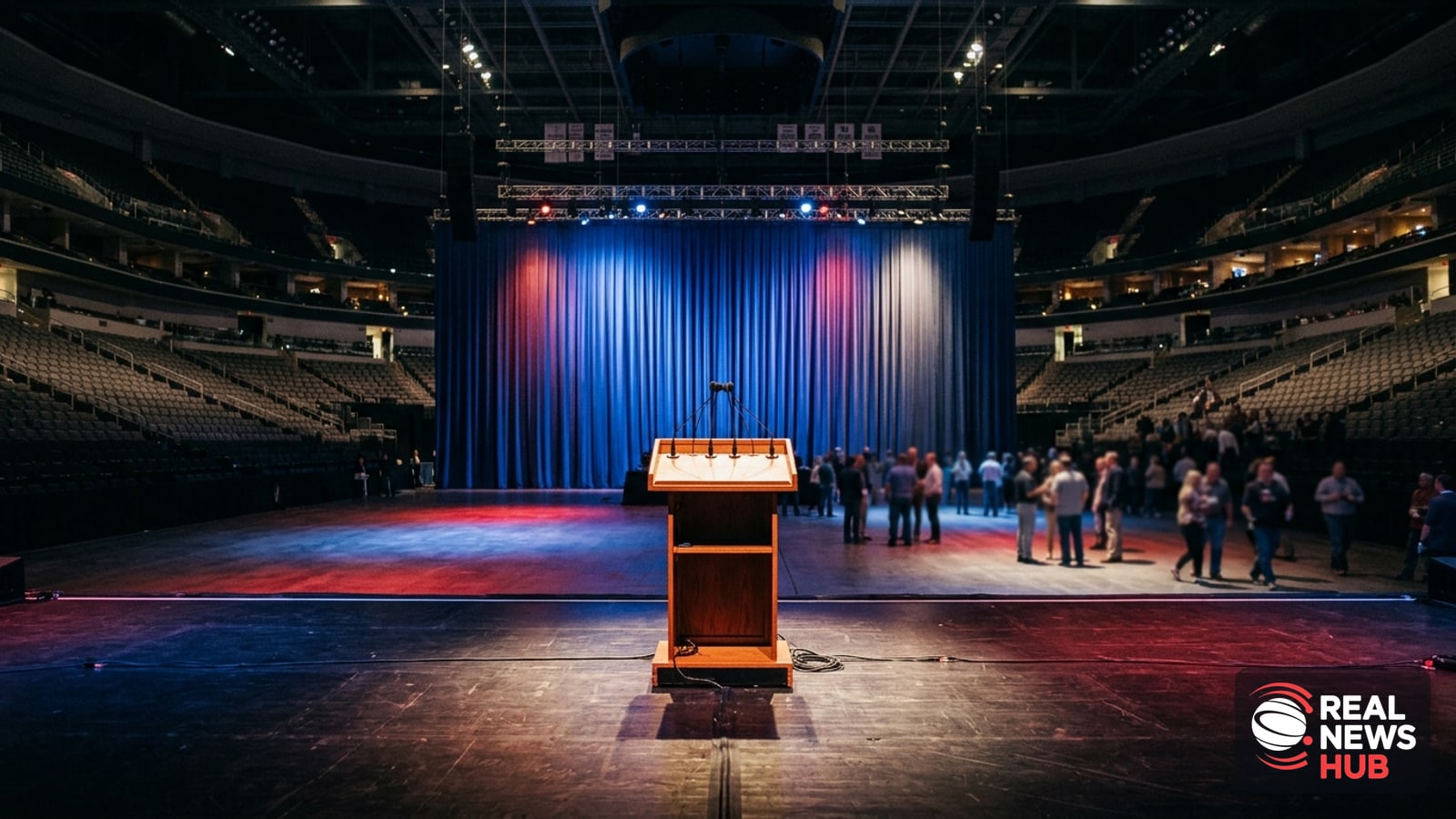 An empty political rally stage with microphones and blue curtains, facing blurred bleachers under arena lighting.