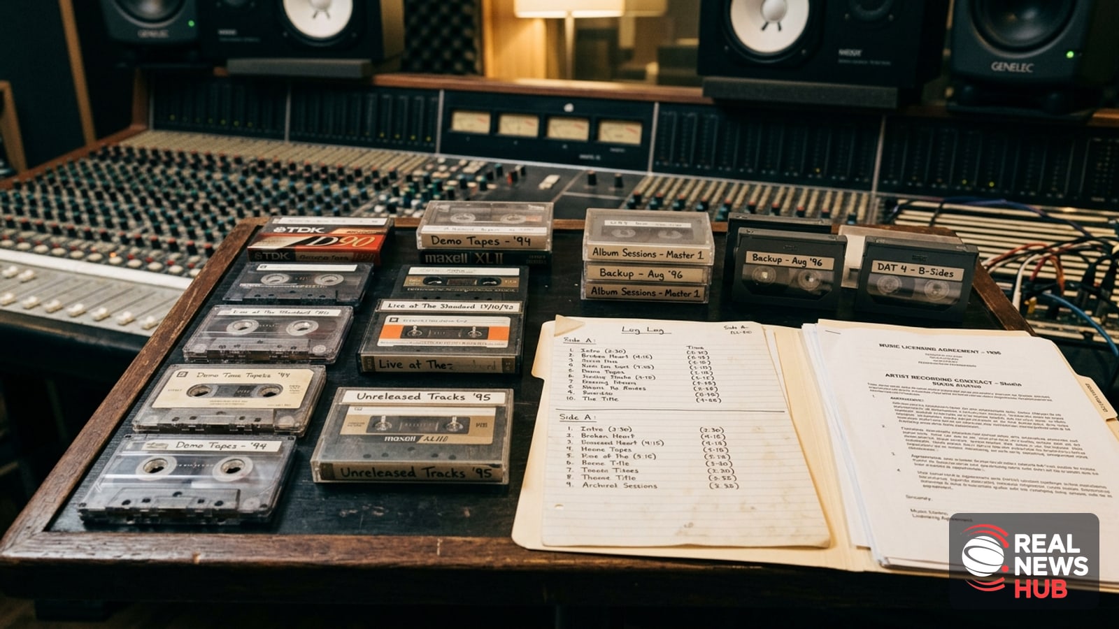 Vintage audio cassette tapes and DAT cases resting beside legal documents in a recording studio archive setting.