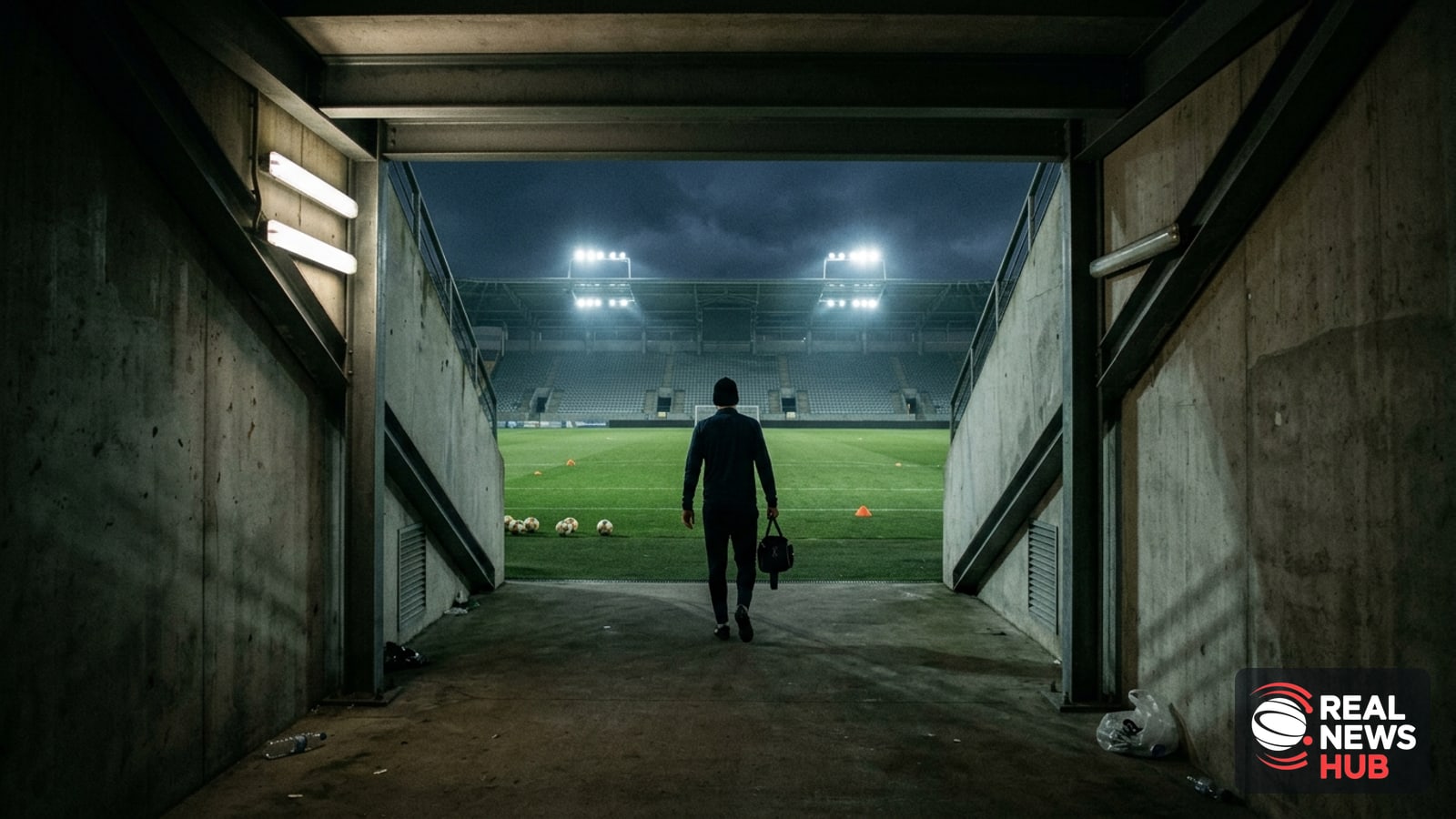An empty modern football stadium tunnel leading out to an illuminated pitch during training.