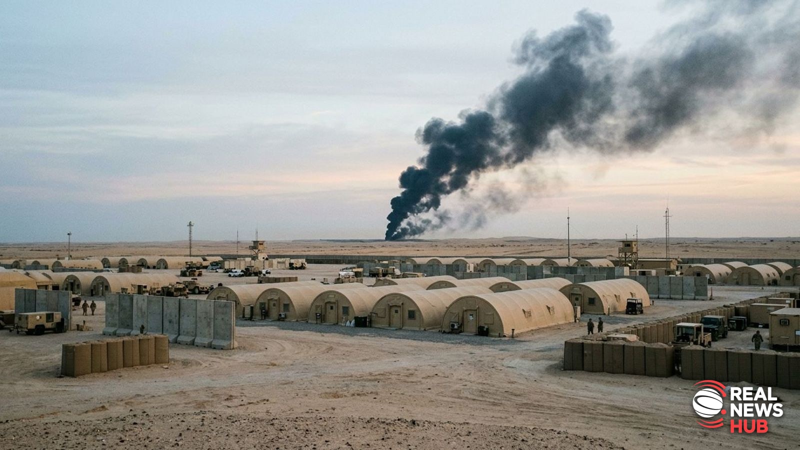 Plumes of dark smoke rising in the distance behind rows of desert military camp structures.