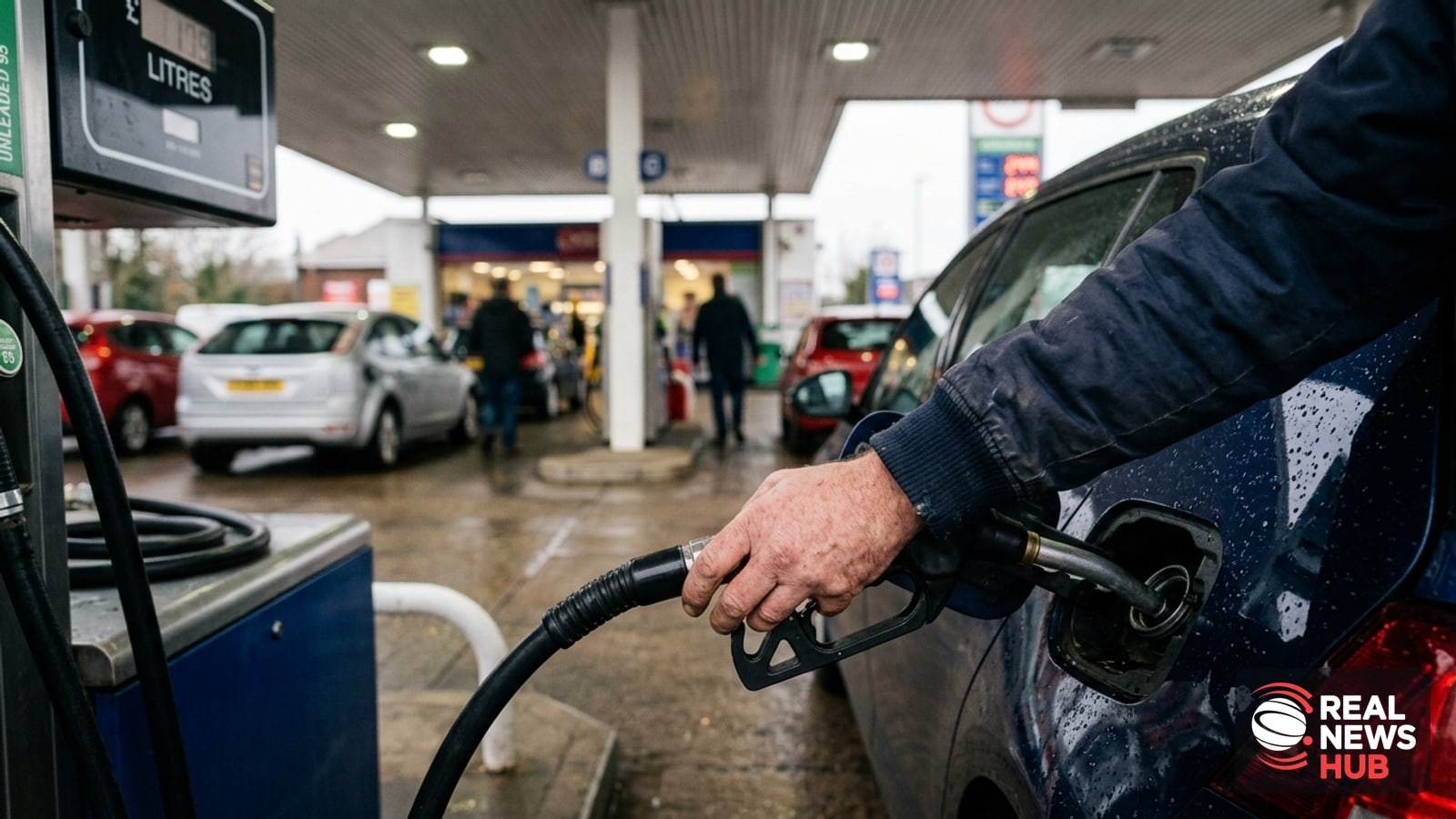 A hand holding a black fuel nozzle refuelling a modern dark blue car at a petrol station forecourt on an overcast day.