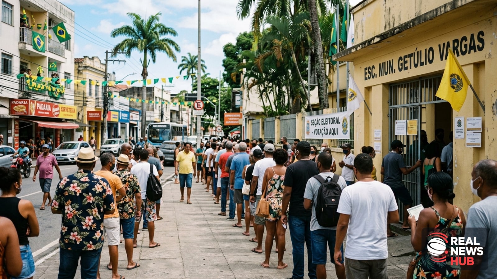 Voters wait outside a polling station on a sunny street in Brazil during election day.