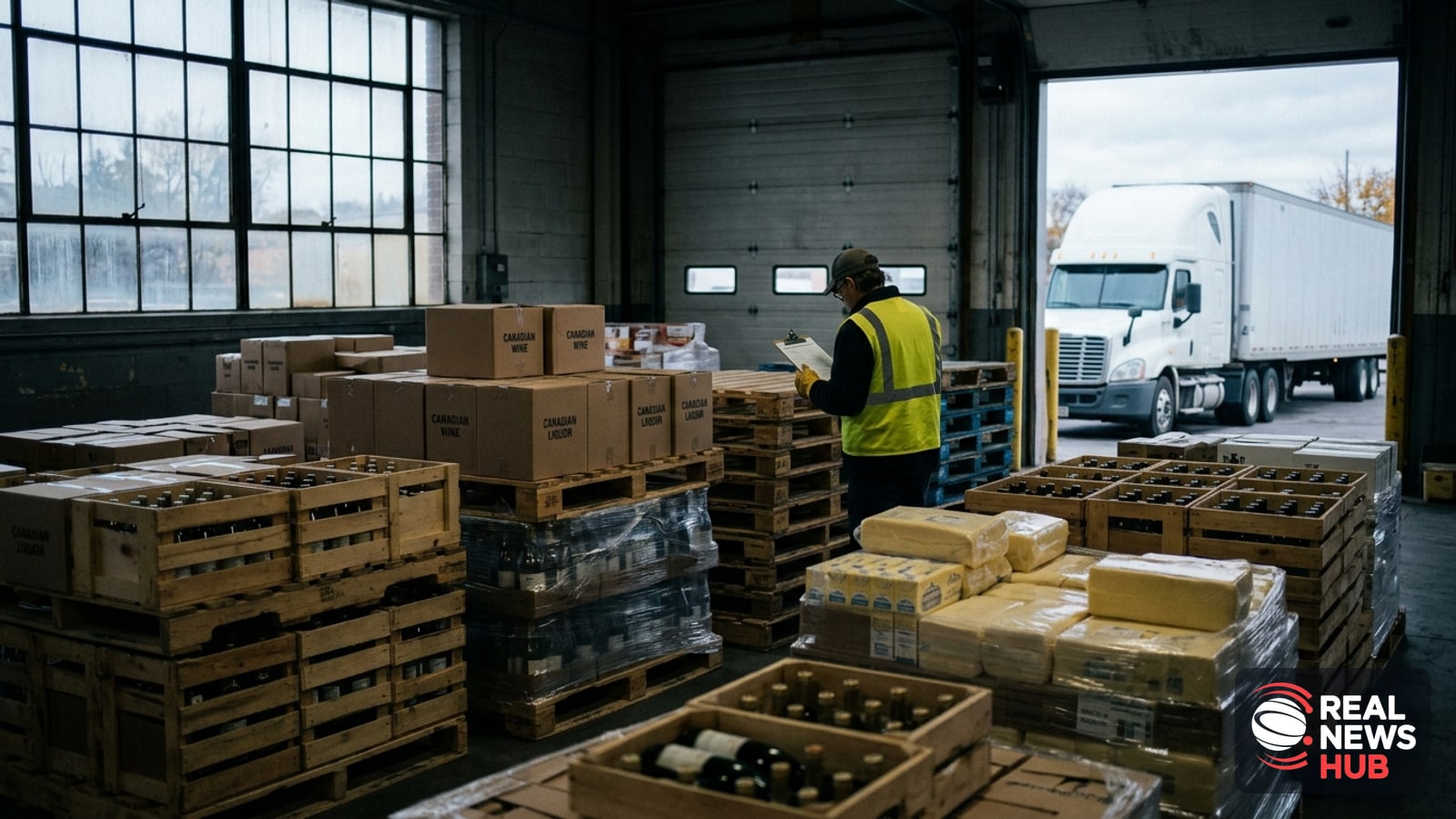 Pallets of Canadian liquor bottles sit stacked near a warehouse loading dock, symbolizing halted cross-border trade.