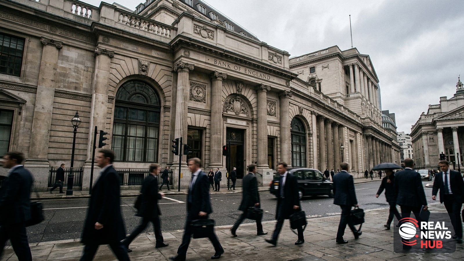 Exterior view of the Bank of England in London with blurred silhouettes of pedestrians walking past in overcast weather.