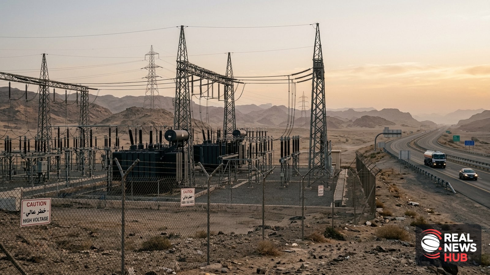 High-voltage electrical substation in an arid desert landscape near Medina at dawn, with power lines and security fencing.