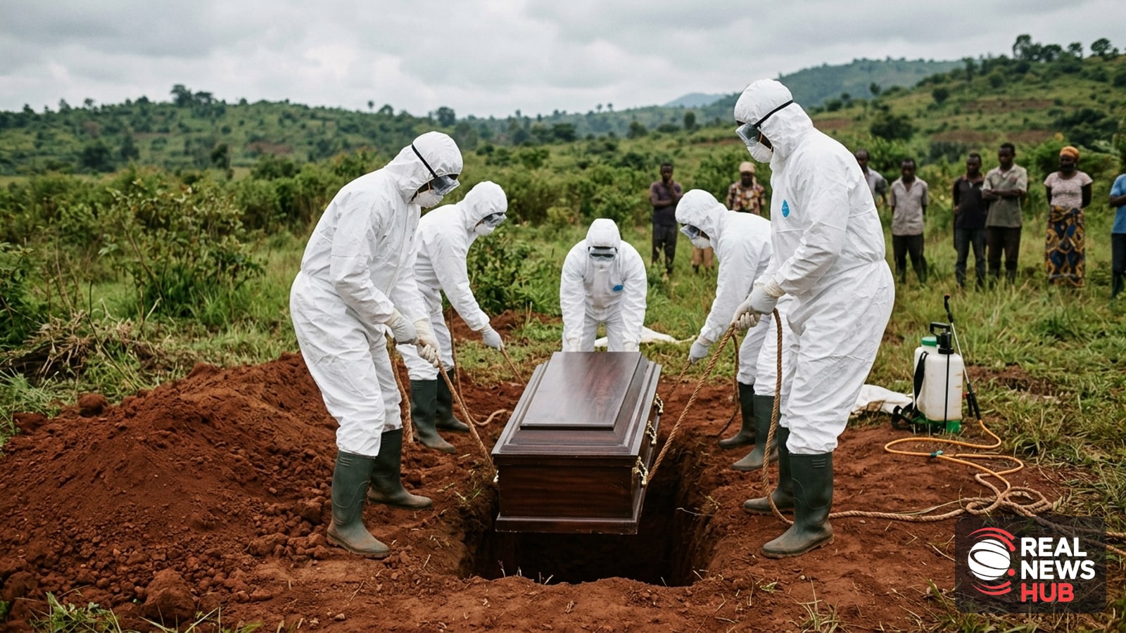 Health workers in white protective suits carry out a safe burial in North Kivu, DRC, during an Ebola outbreak.