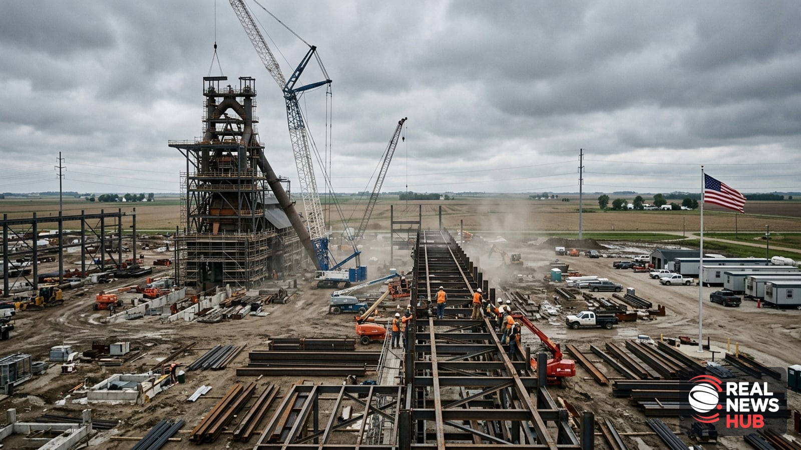Construction site of a large steel plant under development on flat Iowa farmland, with cranes, steel framework and workers in the distance.