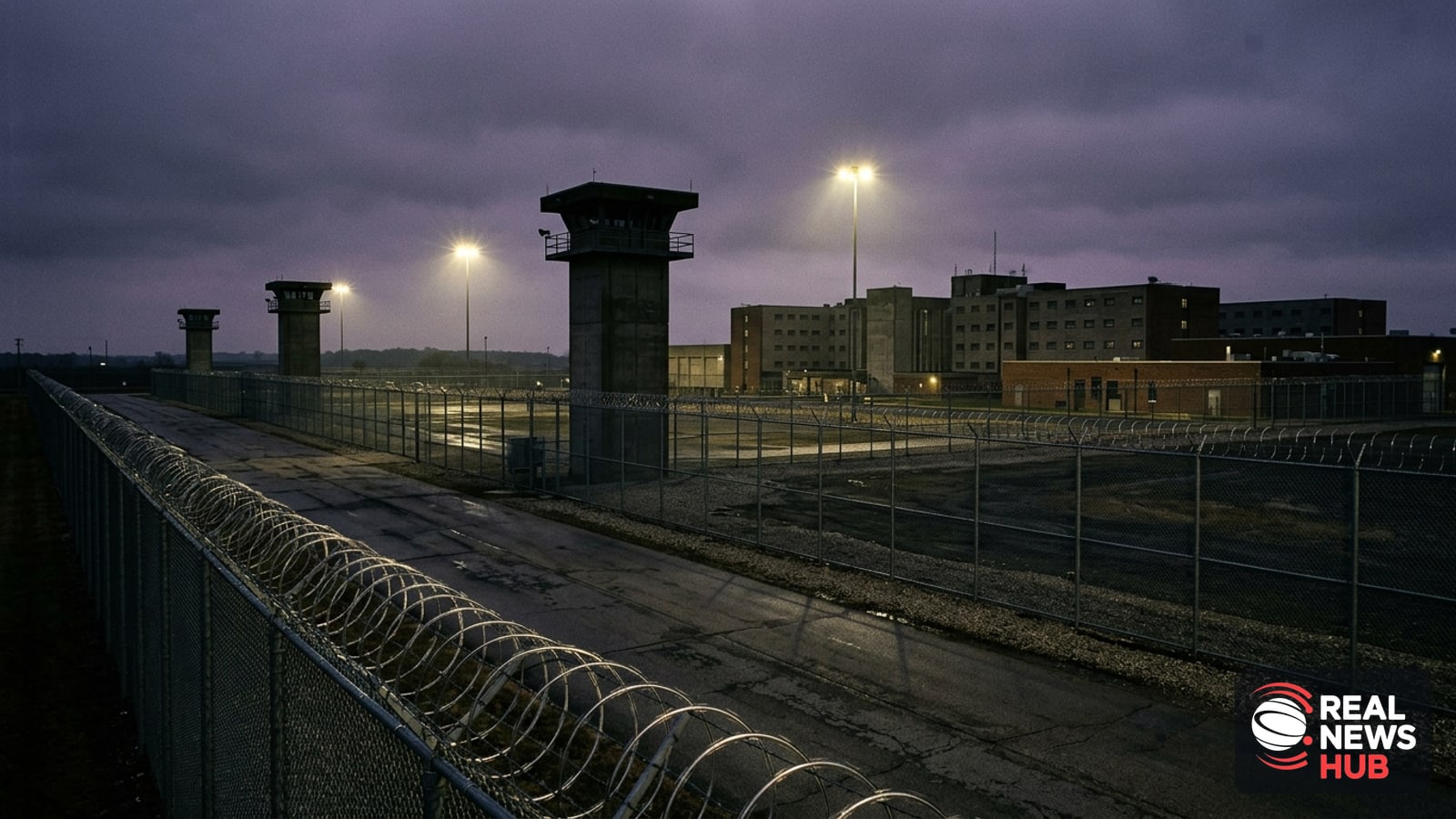 Exterior view of a maximum security prison facility at dusk with tall fences and security watchtowers under dramatic sky.