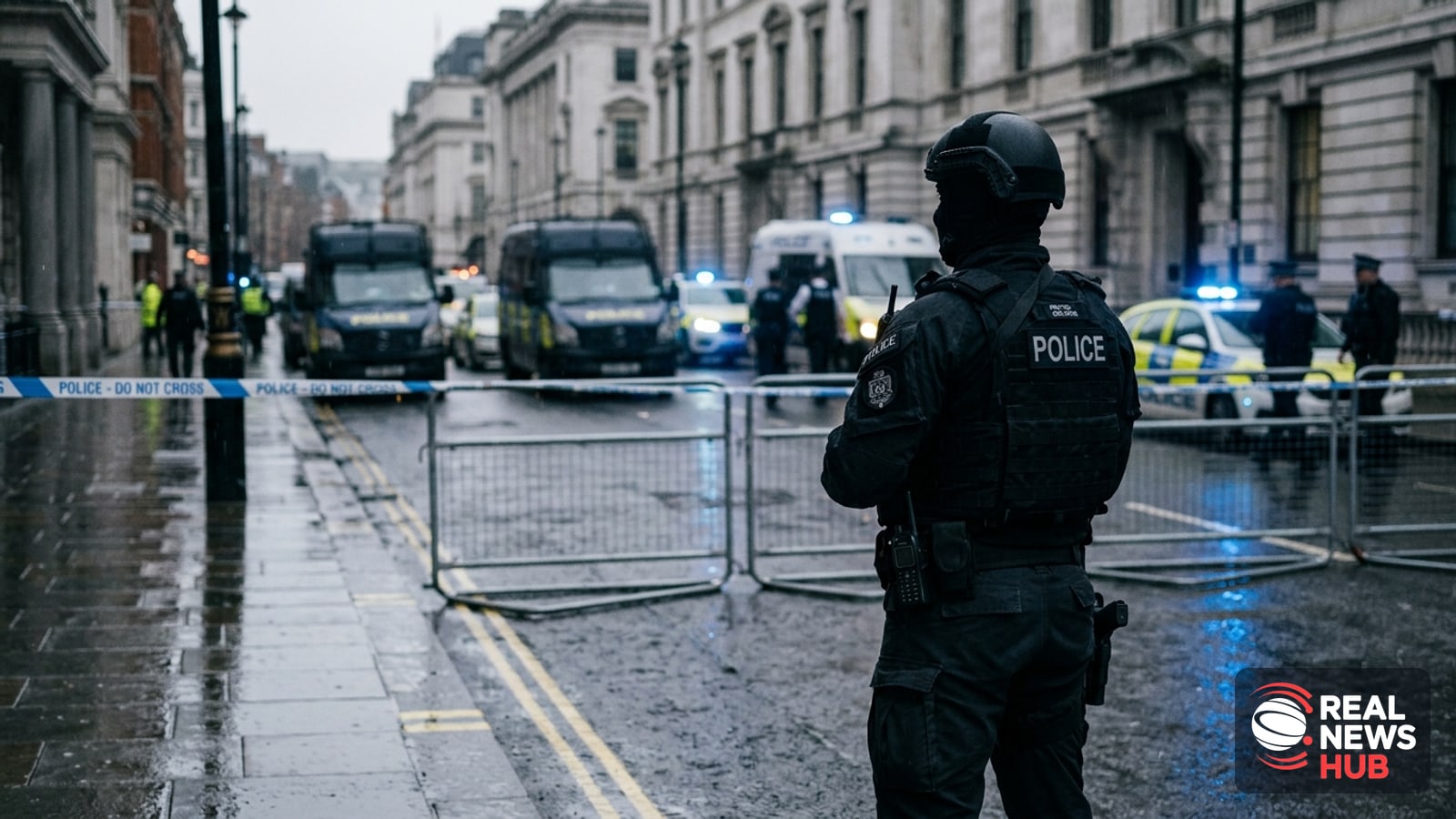 British counter-terror police standing guard on an overcast London street near an emergency vehicle.