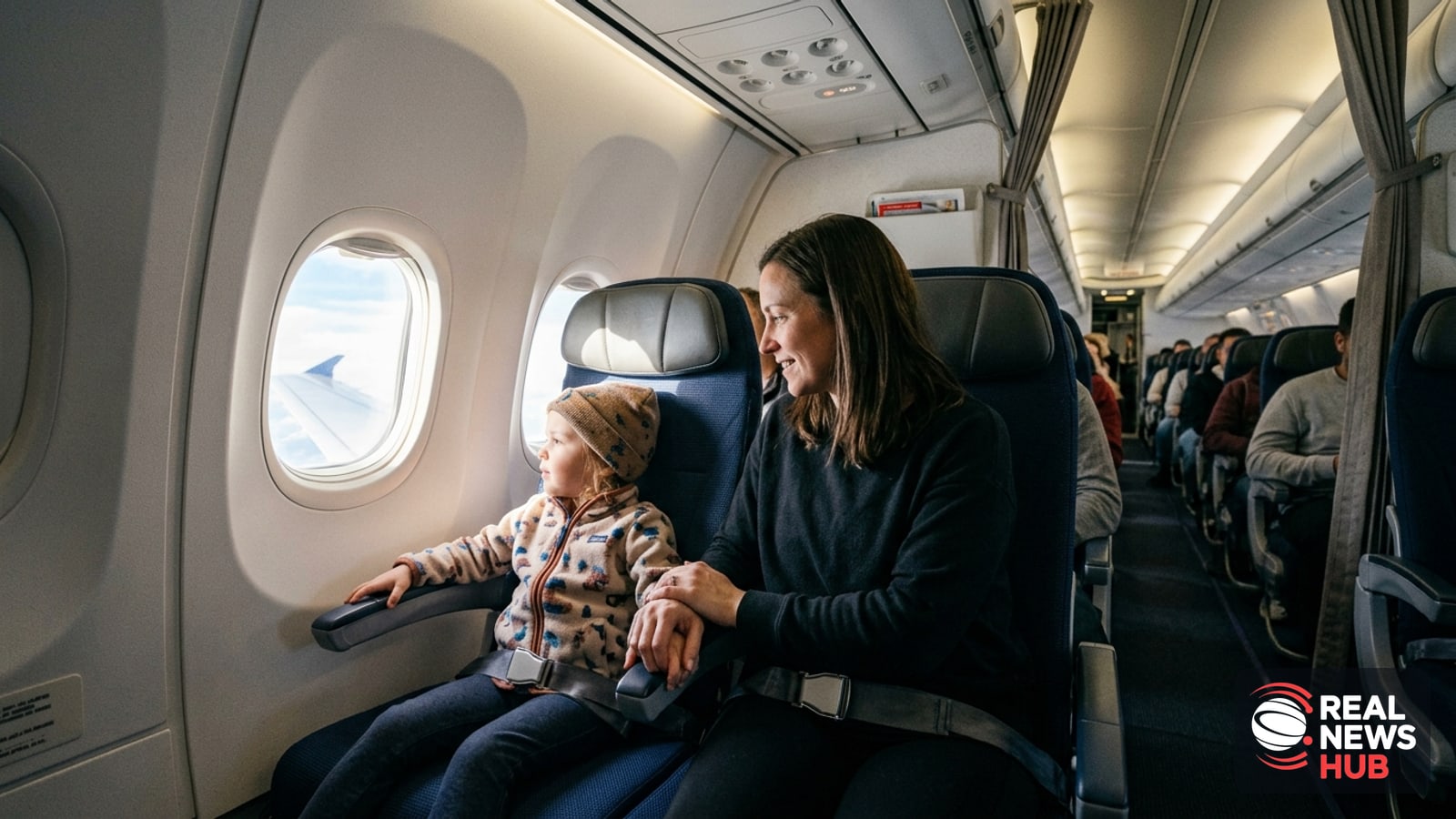 A parent and young child sitting together in airplane seats looking out the cabin window.
