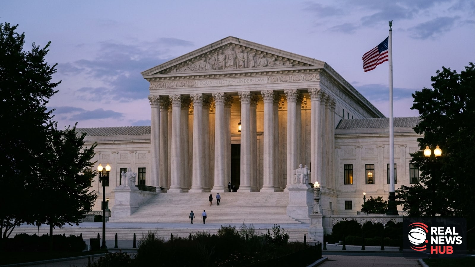 The U.S. Supreme Court building at dusk, its marble columns and pediment lit softly against a purple evening sky.