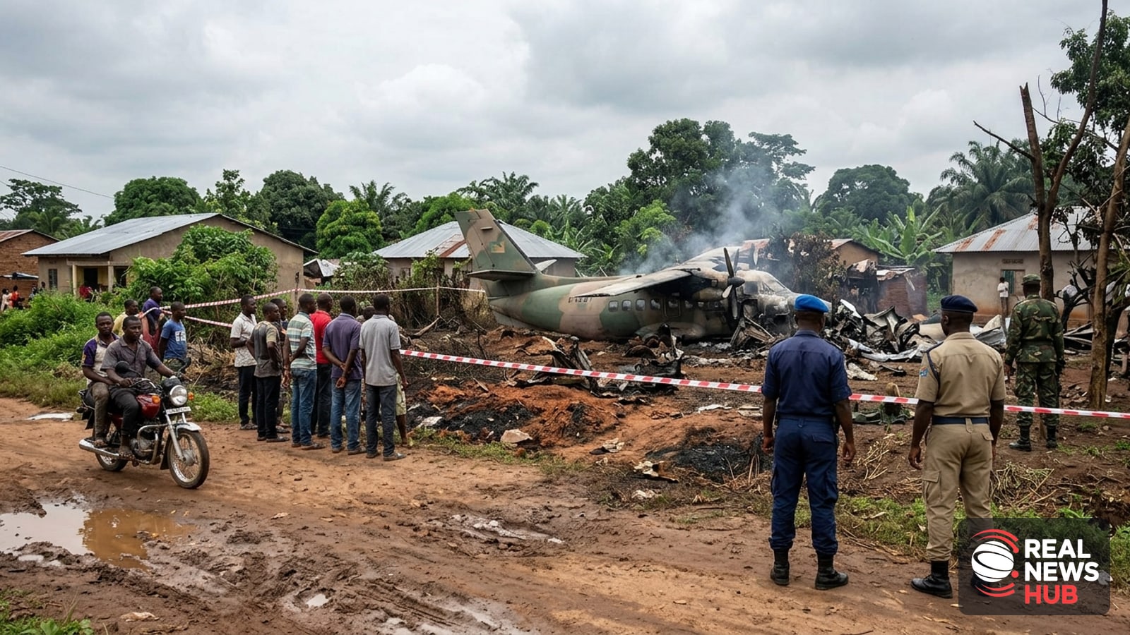 Wreckage of a crashed military plane on a residential plot in Kenge, DR Congo, cordoned off with tape as onlookers and security personnel stand at a…