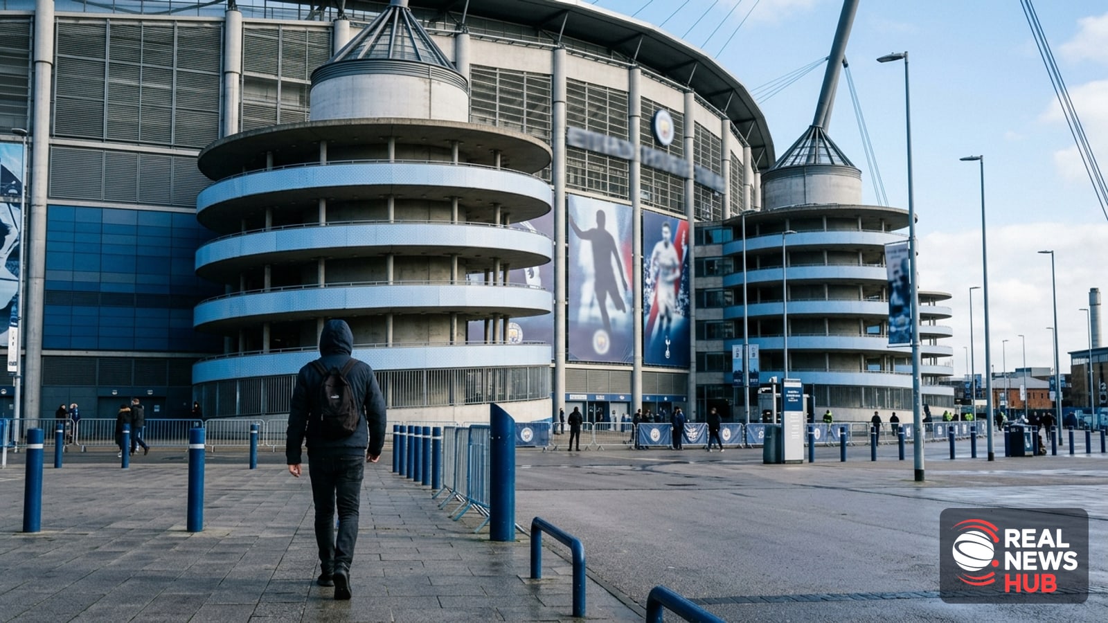 Exterior view of a modern football stadium with a pedestrian walking past on a sunny day, illustrating a financial rules controversy story.