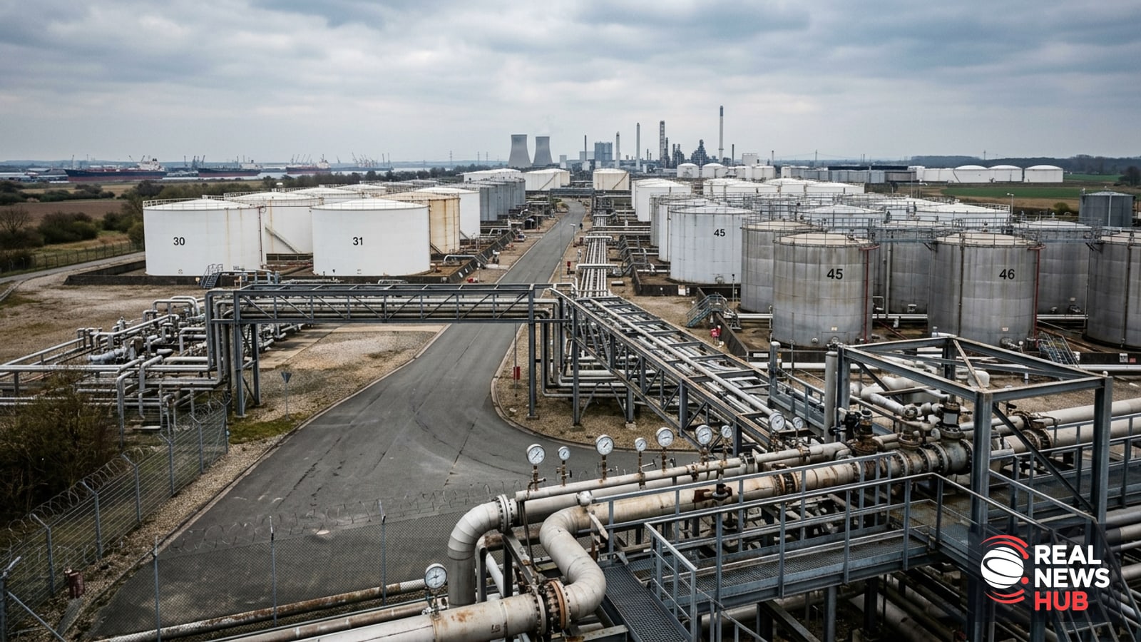 Large industrial fuel storage tanks and distribution pipelines at an energy terminal facility under an overcast sky.