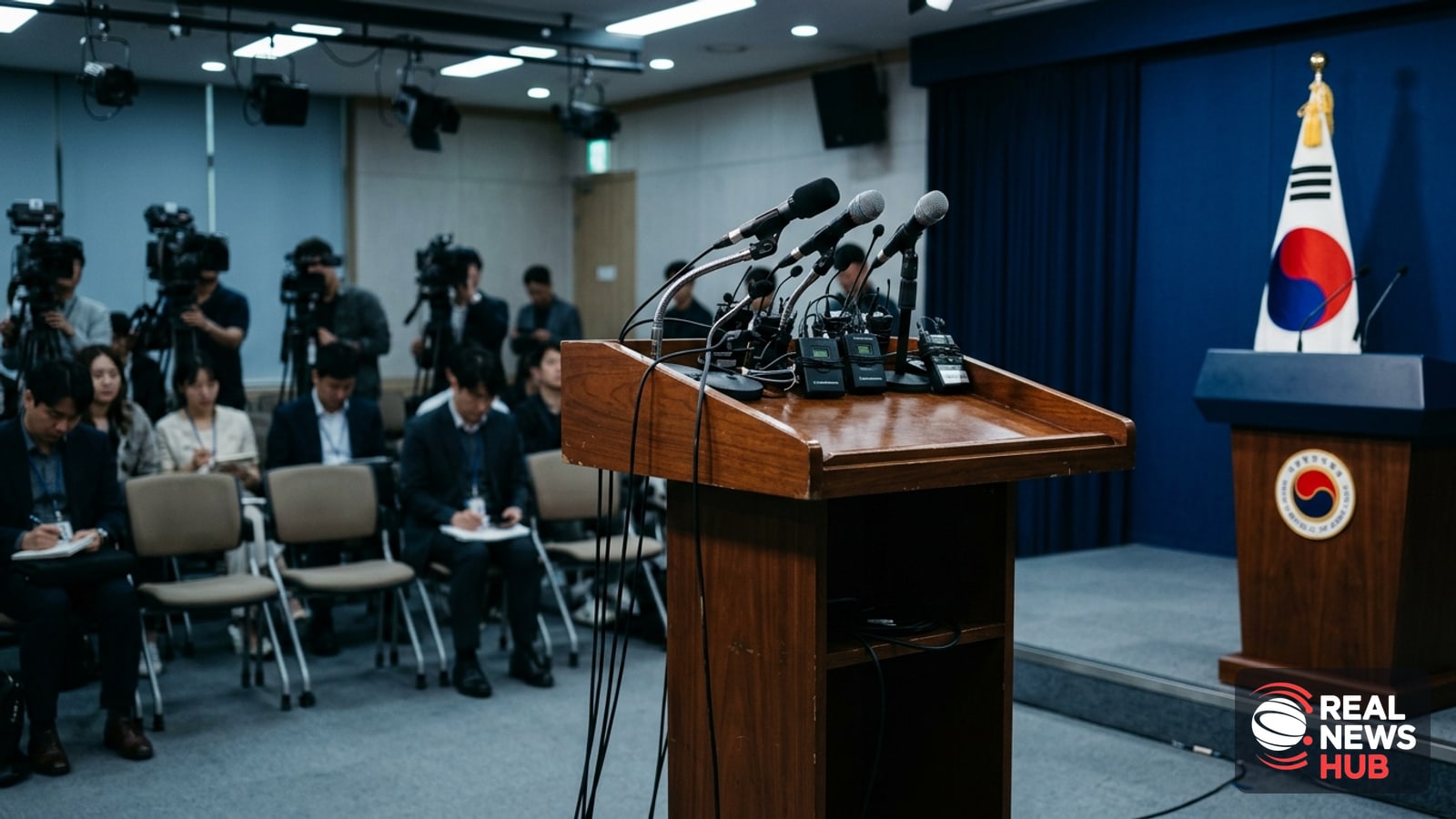 An empty press briefing podium with microphones inside a South Korean government building, with national flags visible in the background.