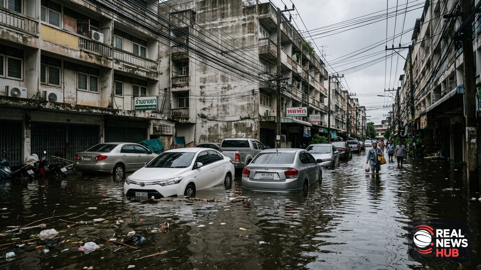 Submerged cars and residential apartment blocks surrounded by deep, murky floodwaters in a Bangkok neighborhood.