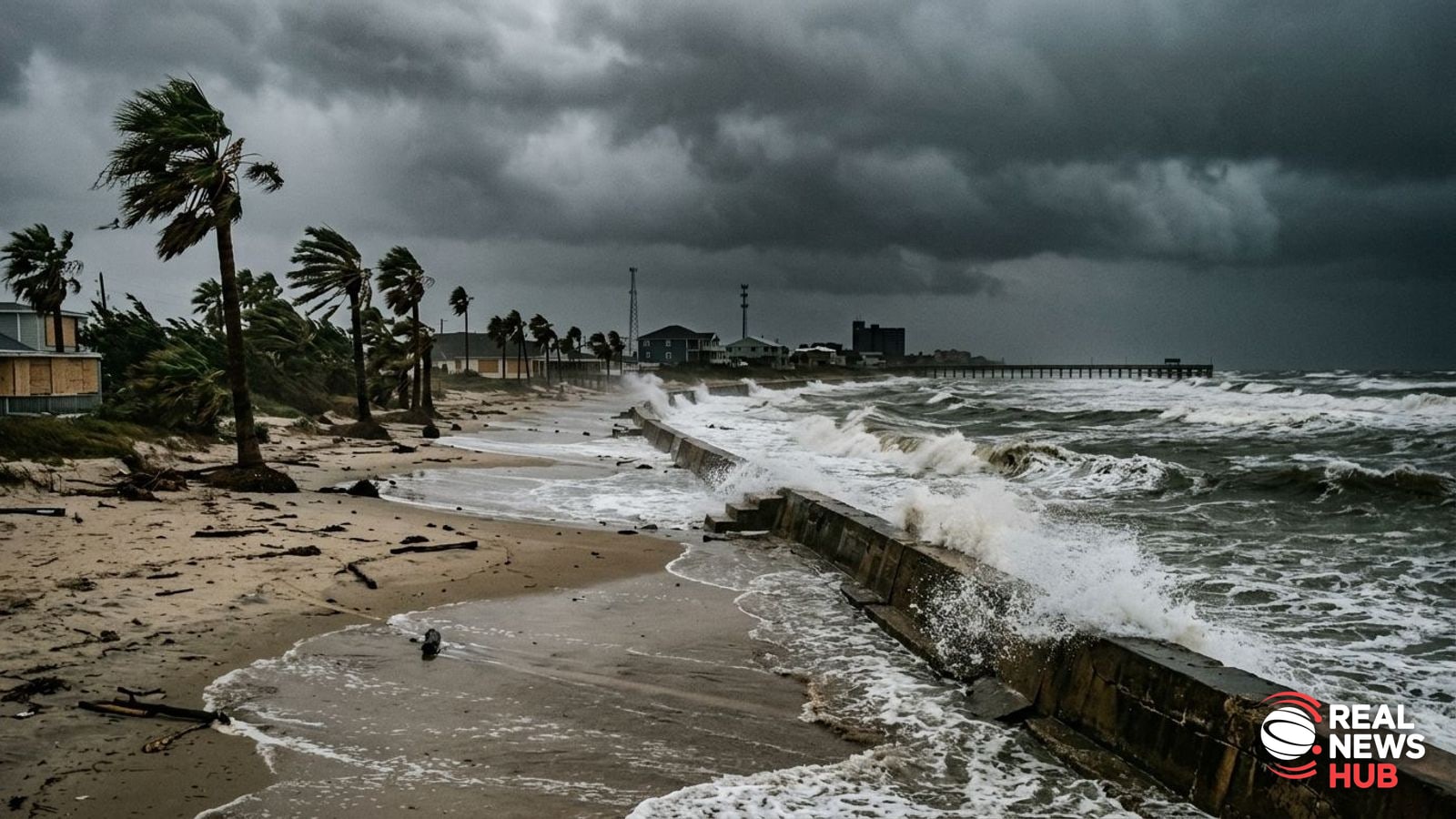 Palm trees bending in strong coastal winds under dark storm clouds along the Gulf Coast.