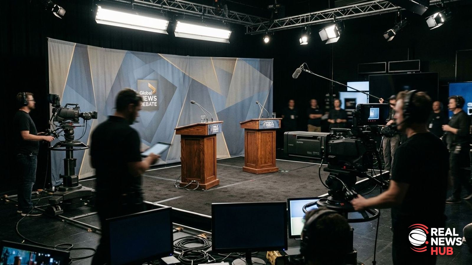 An empty televised debate stage with two podiums and studio lighting prepared for a political debate.