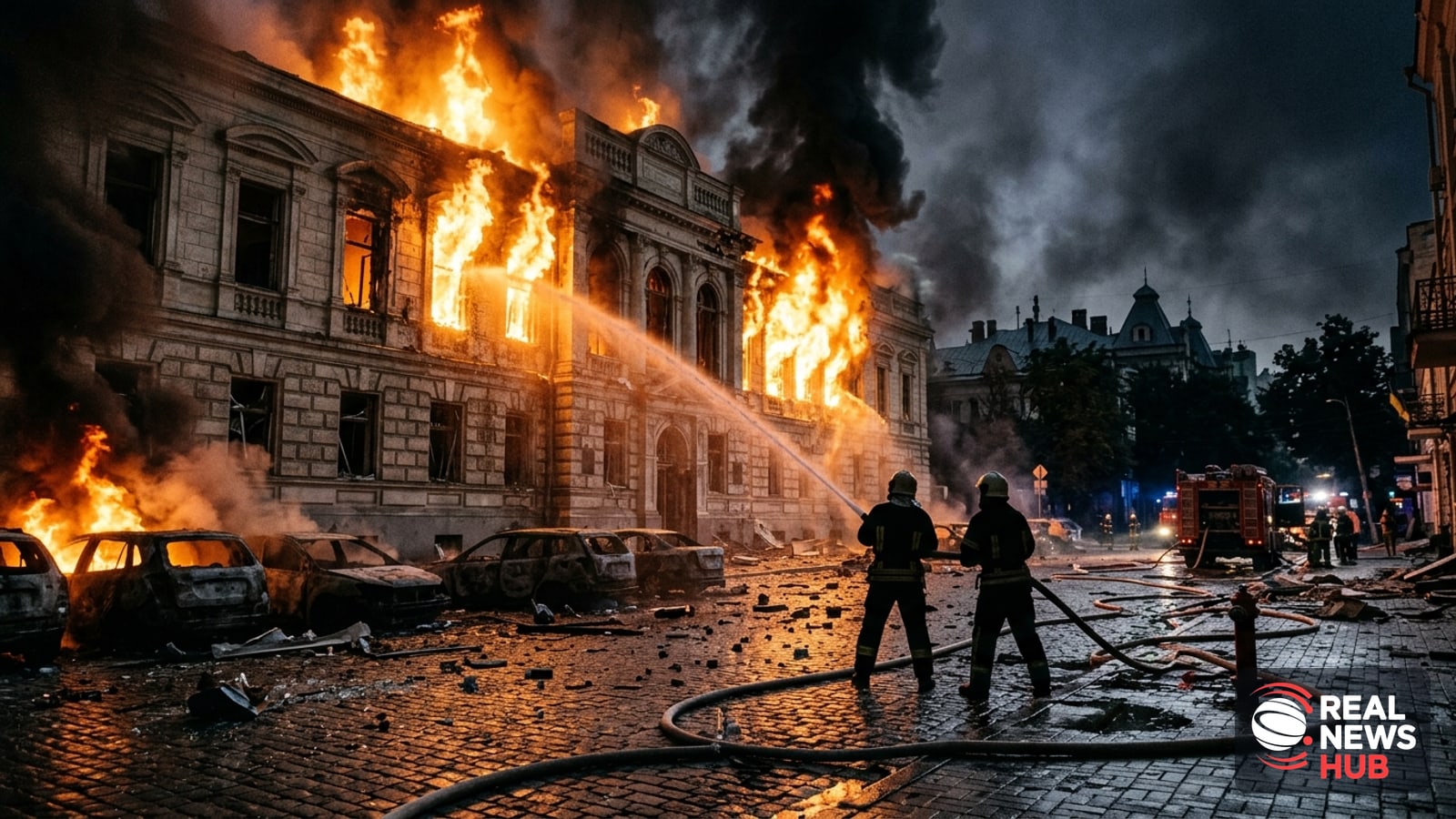 Firefighters battle flames engulfing a historic building in central Kyiv after a night drone strike, with burning cars in the street.